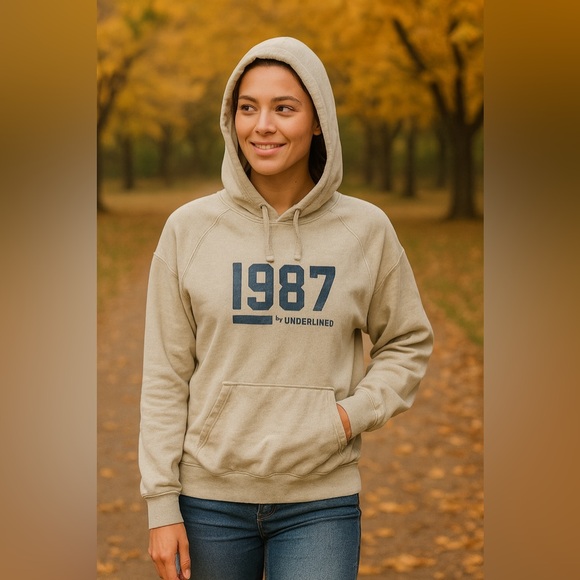 Just Attitude 1987 Graphic Hoodie Size Large Beige Pullover - Picture 1 of 11